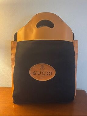 Gucci Vintage 1970s Black Wool Shopping Tote Bag w/ Orange Leather Trim
